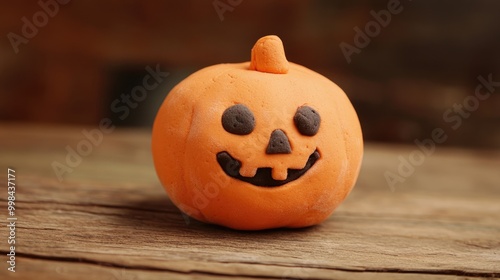 Play Dough Pumpkin Character Closeup on Wooden Surface photo