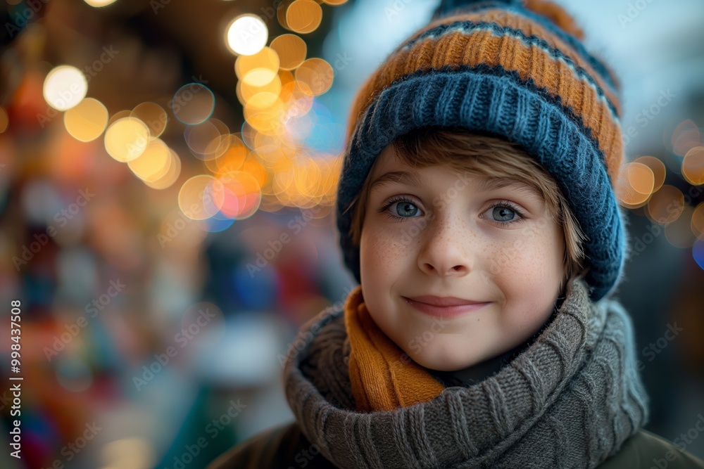 A young child with blue eyes and freckles, wearing winter attire, smiles amidst festive outdoor lights. A young child with blue eyes and freckles, wearing winter attire, smiles amidst festive outdoor lights.