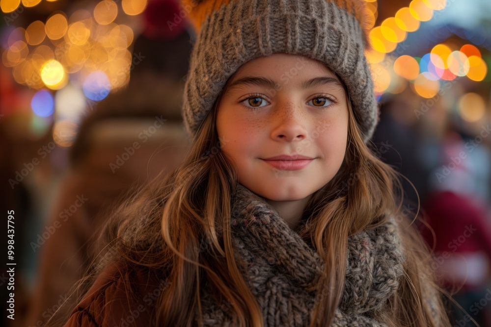 A young girl smiles warmly, bundled up in a hat and scarf, with festive lights glowing softly in the background. A young girl smiles warmly, bundled up in a hat and scarf, with festive lights glowing softly in the background.