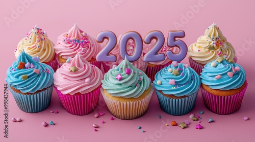 2025 numbers and festive cupcakes with swirled icing