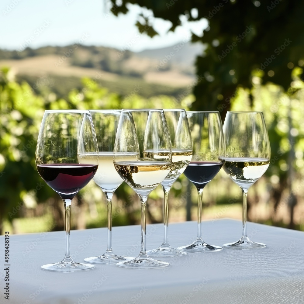 An elegant arrangement of crystal glasses filled with various red and white wines, placed on a white linen tablecloth with a vineyard background An elegant arrangement of crystal glasses filled with various red and white wines, placed on a white linen tablecloth with a vineyard background