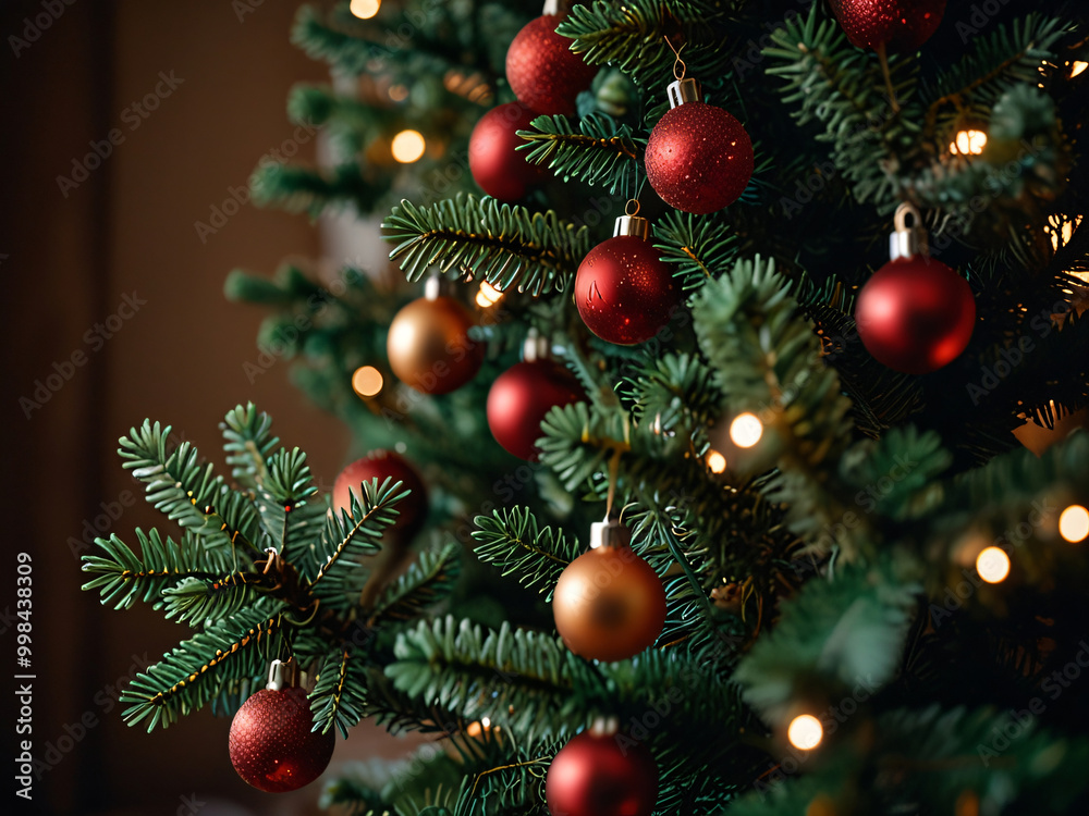 A Christmas tree adorned with red baubles and glowing lights. A Christmas tree adorned with red baubles and glowing lights.