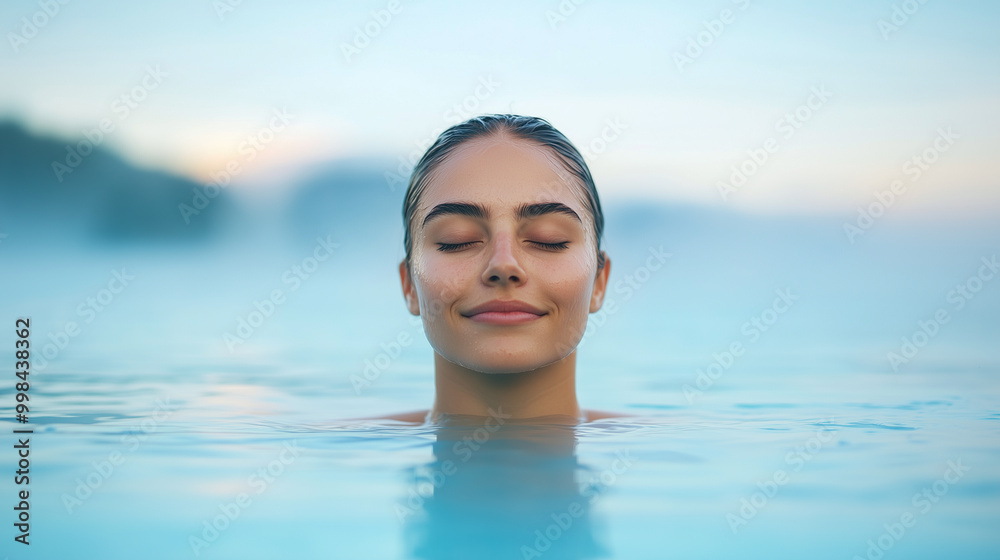 serene woman with closed eyes enjoys tranquil moment in calm blue pool, surrounded by misty water and soft light. This peaceful scene evokes relaxation and harmony. serene woman with closed eyes enjoys tranquil moment in calm blue pool, surrounded by misty water and soft light. This peaceful scene evokes relaxation and harmony.