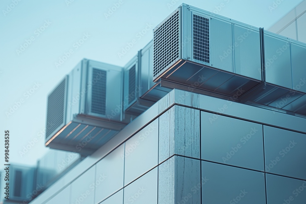 Rooftop HVAC units on a modern building against the sky, emphasizing industrial cooling systems. Rooftop HVAC units on a modern building against the sky, emphasizing industrial cooling systems.
