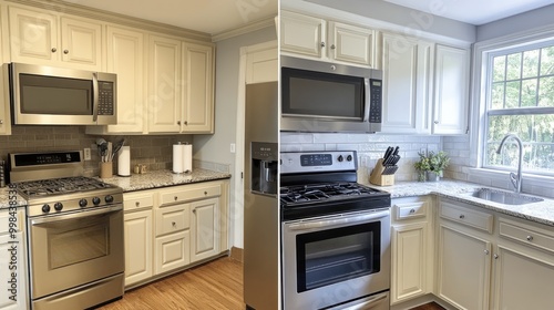 A comparison of two modern kitchen designs showcasing cabinetry and appliances.