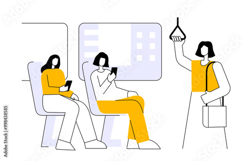 People in public transport concept. Woman ride in subway, bus or train. Passengers go to city, work or supermarket. Line flat vector illustration