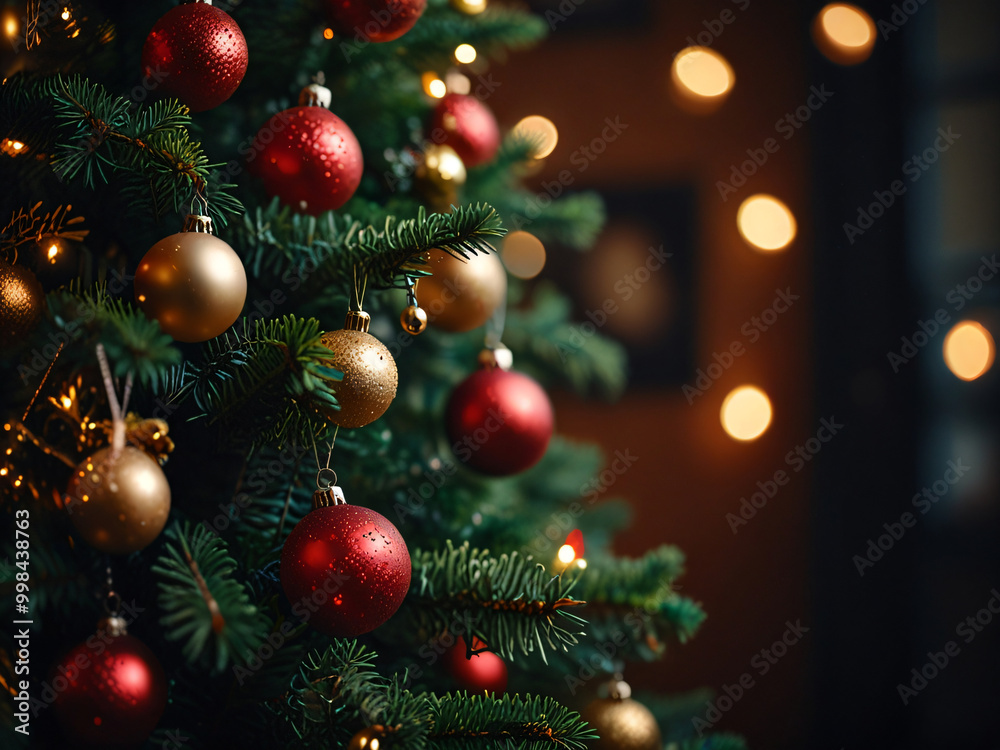 A Christmas tree adorned with red baubles and glowing lights. A Christmas tree adorned with red baubles and glowing lights.
