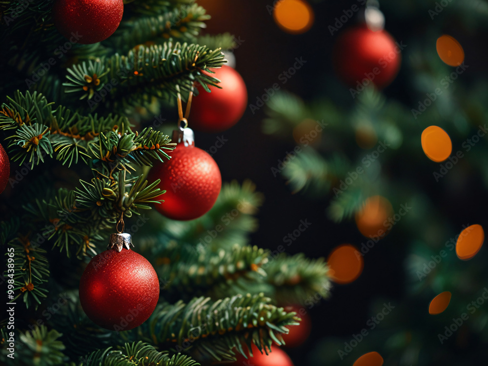 A Christmas tree adorned with red baubles and glowing lights. A Christmas tree adorned with red baubles and glowing lights.