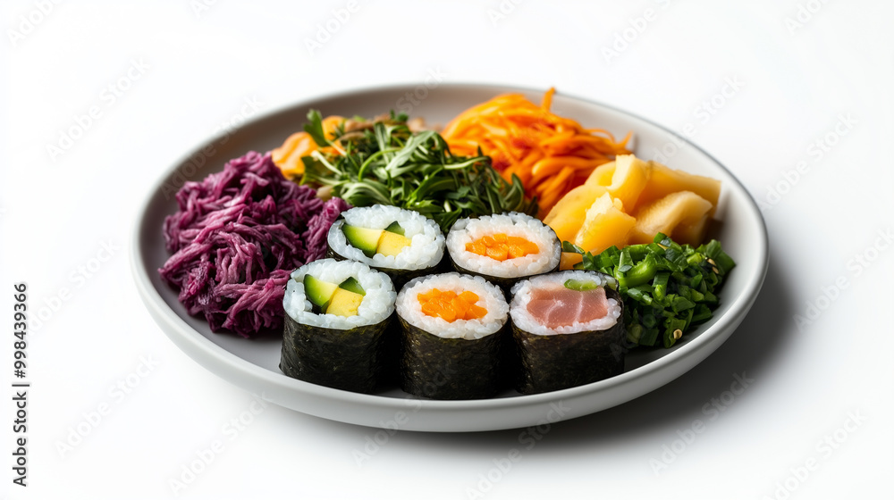 Delicious sushi platter featuring colorful rolls with fresh ingredients like avocado, carrot, and tuna, accompanied by vibrant sides of vegetables and pickled items. Delicious sushi platter featuring colorful rolls with fresh ingredients like avocado, carrot, and tuna, accompanied by vibrant sides of vegetables and pickled items.