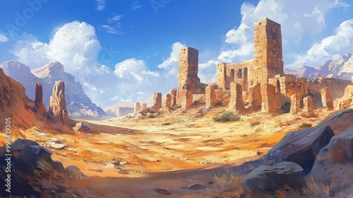 Ancient stone ruins in a desert landscape under a bright blue sky, surrounded by mountains in the distance.