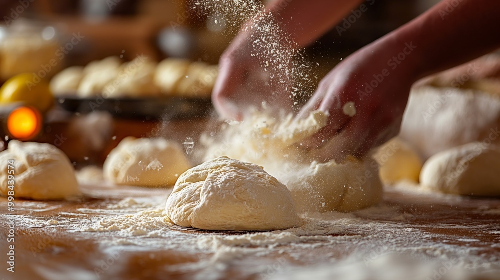 Hands kneading dough on a flour-dusted surface, accompanied by other mounds of dough, in a warm, artisan kitchen. Hands kneading dough on a flour-dusted surface, accompanied by other mounds of dough, in a warm, artisan kitchen.