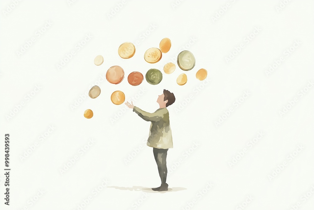 person juggling coins, representing managing multiple financial responsibilities.Accumulate and distribute finances through banking assistant, app, services. Watercolor style. Banner, poster, sticker person juggling coins, representing managing multiple financial responsibilities.Accumulate and distribute finances through banking assistant, app, services. Watercolor style. Banner, poster, sticker