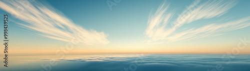 serene sky with smooth airwaves and glowing hues at sunset creates tranquil atmosphere. soft clouds stretch across horizon, inviting calmness and reflection