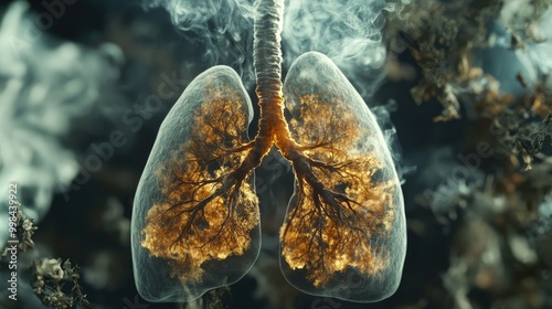 Artistic representation of a lung affected by smoke, illustrating the long-term health effects of smoking on the respiratory system