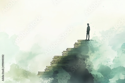 Wallpaper Mural Businessman is climbing the stairs made of coins, standing on top bar graph with blue background with copy space. 
 Watercolor style. Successful funding. finance, mortgage and inheritance investment Torontodigital.ca