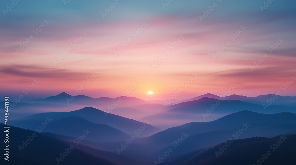 Fototapeta premium Breathtaking sunrise over misty mountains, showcasing gradient of soft colors in sky. serene landscape evokes sense of peace and tranquility, perfect for nature lovers.