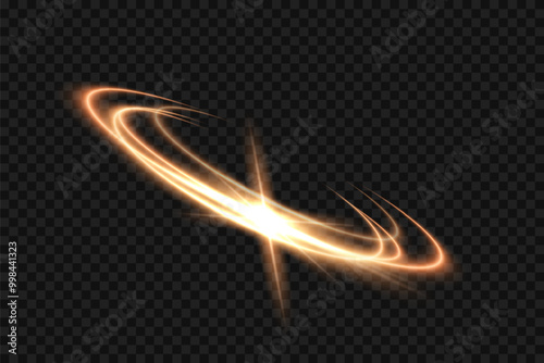 Golden light neon glow swirl background. Gold light glowing circle line of neon effect. Shiny spiral spin ring with flare and flash. Vector illustration of glitter sparkle swirl trail effect on black.