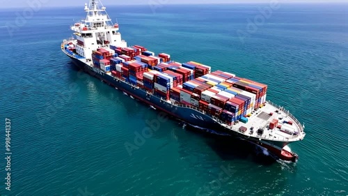 Cargo ship loaded with colorful containers sailing in calm blue ocean, international shipping concept