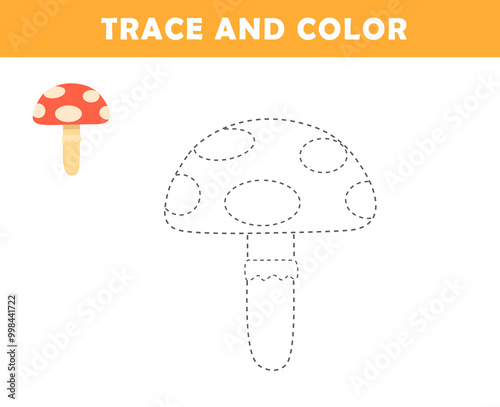 Trace and color for children. Handwriting practice. Coloring page for kids. Preschool worksheet with cute mushroom illustration. 