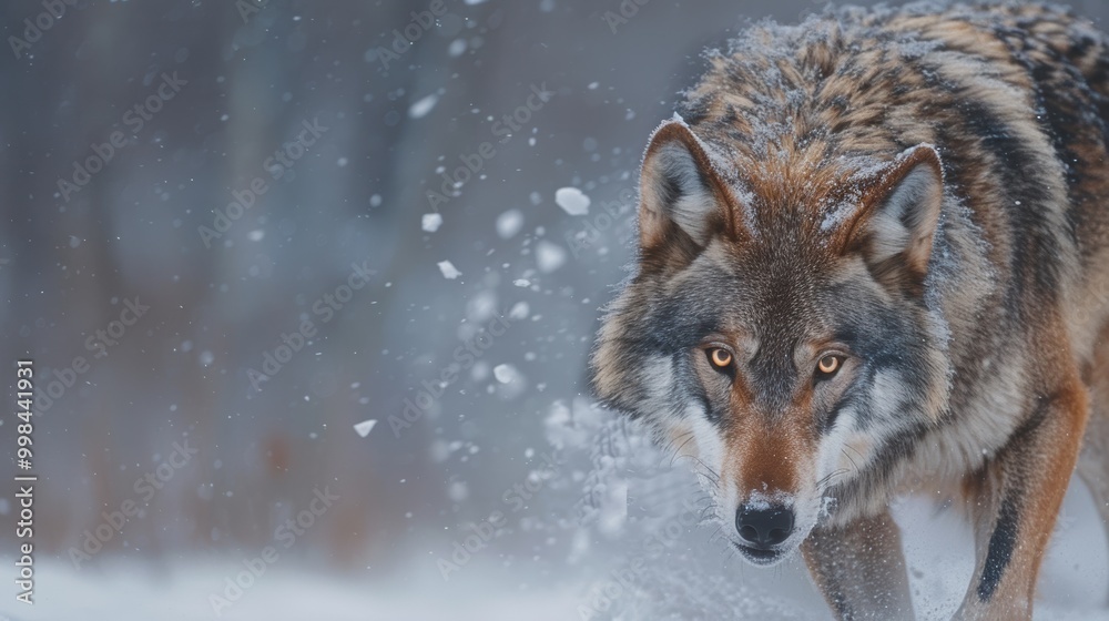 Naklejka premium A fierce wolf moves silently through the snowy terrain, its gaze unwavering and determined. The icy landscape accentuates the wolf’s predatory instincts and the harsh beauty of its environment.