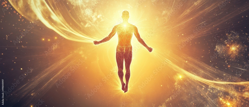 Naklejka premium A glowing figure radiates energy in a cosmic background, symbolizing enlightenment and spiritual ascension.