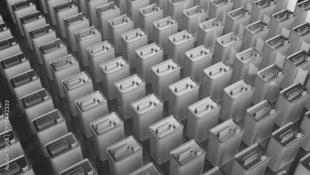 Top view of many metal tin cans rectangular shape with screw cap and handle. 3d illustration on gray background