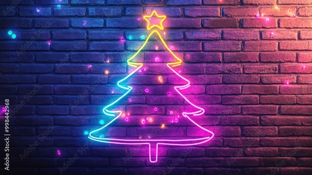 Bright neon Christmas tree outline on a brick wall, glowing with holiday cheer. Bright neon Christmas tree outline on a brick wall, glowing with holiday cheer.