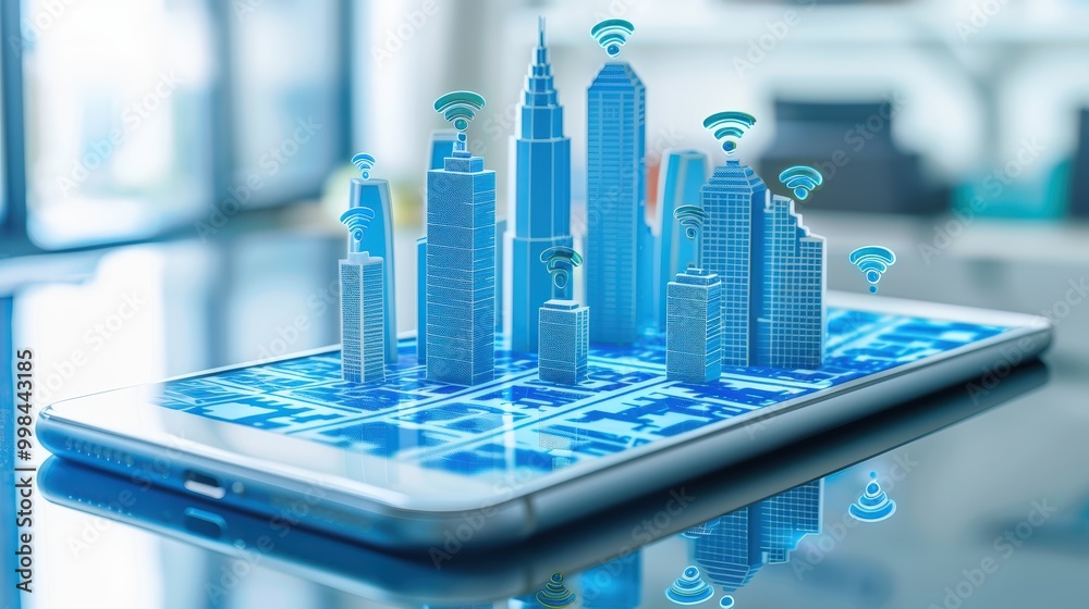 Cityscape Render with Mobile Technology and Connectivity Cityscape Render with Mobile Technology and Connectivity