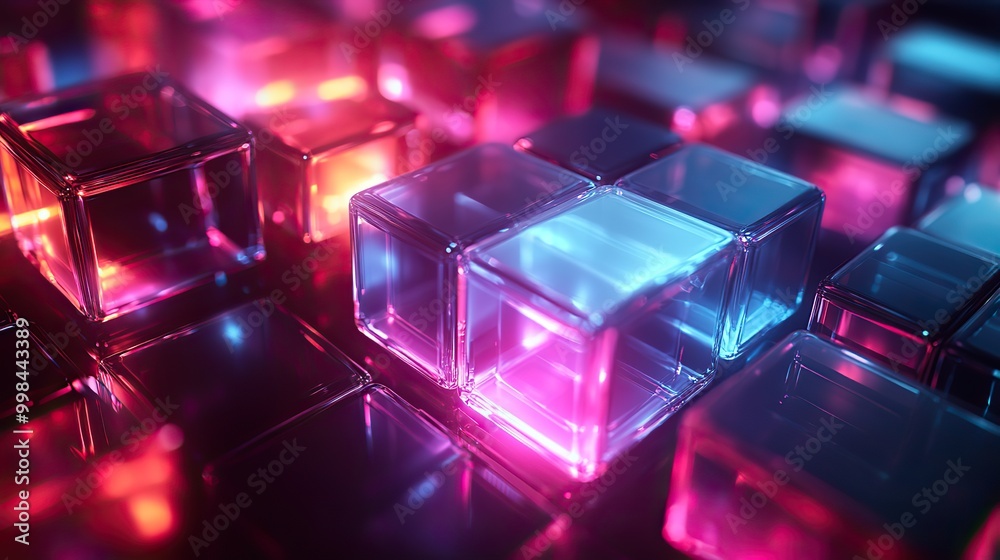 An abstract digital art piece of overlapping transparent squares with a neon glow on a black background, reflecting blue and purple hues. An abstract digital art piece of overlapping transparent squares with a neon glow on a black background, reflecting blue and purple hues.