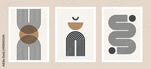 retro mid century modern poster set, abstract vector illustration, minimalist design featuring line art and geometric shapes composition, A3 prints and backgrounds