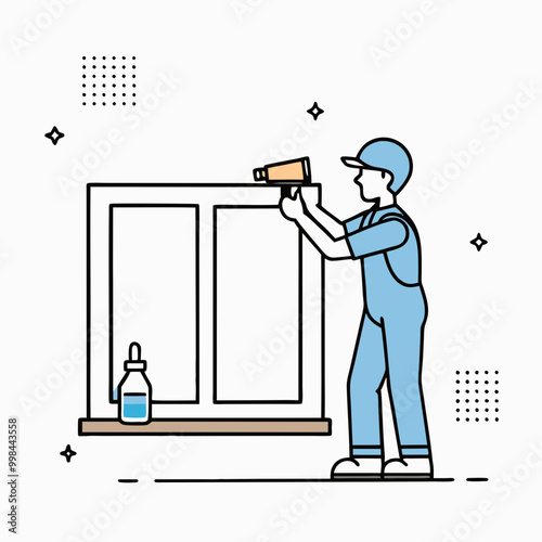 Minimalist illustration of a worker installing a window, cartoon style