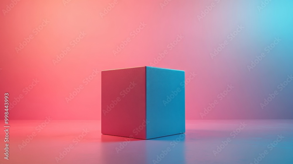 A blue and pink cube is sitting on a white floor A blue and pink cube is sitting on a white floor