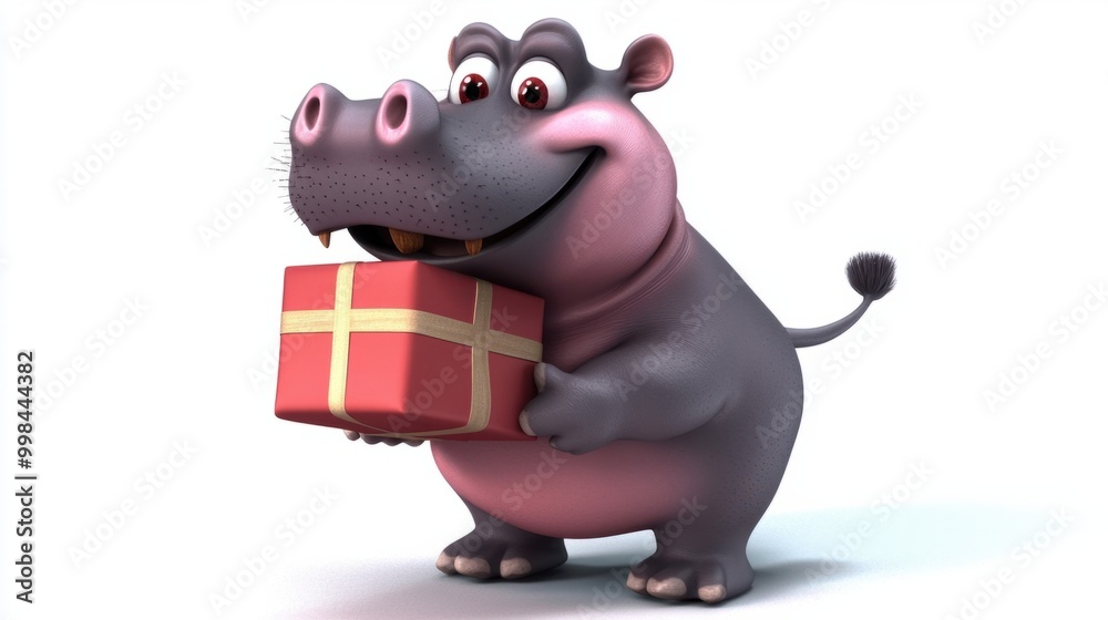 Naklejka premium A cartoon hippo carrying a gift box on its back, isolated on a white background