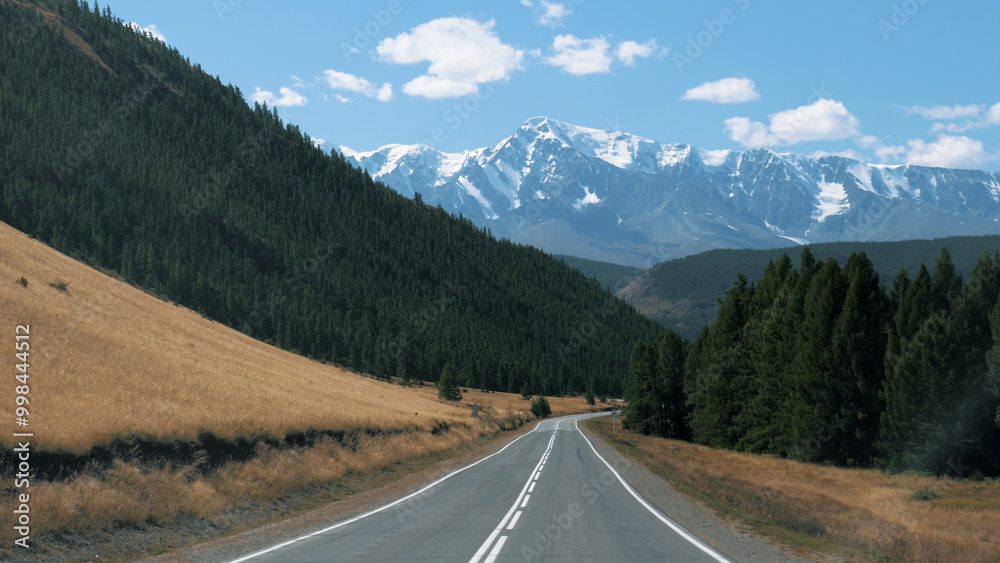 Fototapeta premium Road trip on summer vacation. Driving on empty asphalt road dangerous mountain pass. View snow capped mountain summits and pine forest in national nature park. View from driving vehicle car on highway