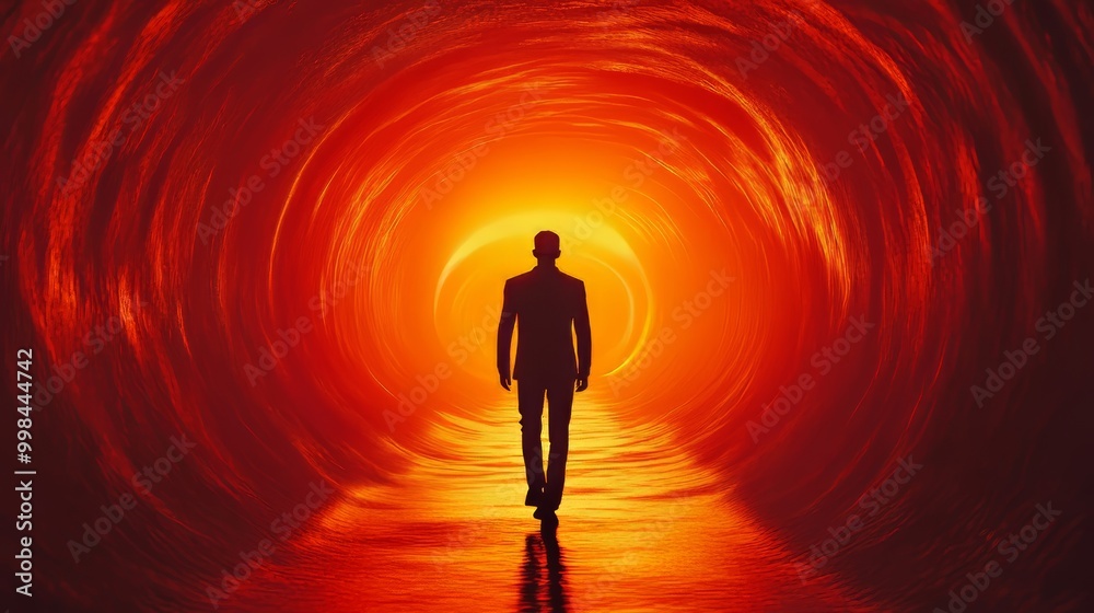 A man walks through a tunnel with a red glow A man walks through a tunnel with a red glow