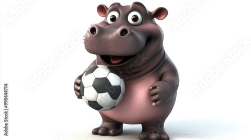 A cartoon hippo holding a soccer ball, isolated on a white background