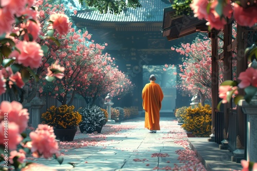 religious priest Performing temple in traditional vestments, praying in a secluded monastery photo