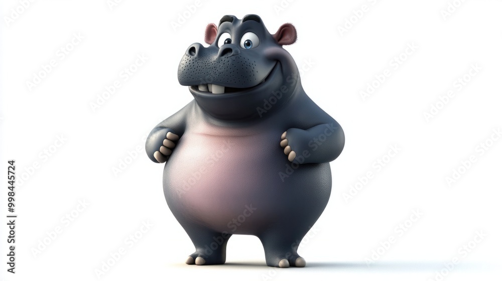 A cute cartoon-style hippopotamus standing on two legs, isolated on a white background A cute cartoon-style hippopotamus standing on two legs, isolated on a white background