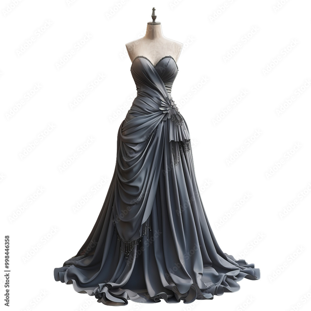 Elegant gray dress with a long train is displayed on a vintage looking mannequin, showcasing the latest in high end fashion Elegant gray dress with a long train is displayed on a vintage looking mannequin, showcasing the latest in high end fashion