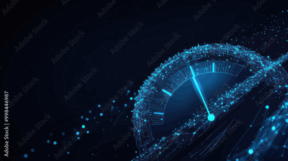 Abstract Low Poly 3D Network Cable and Speedometer Concept for Super Fast Internet Connection, Speed Test Gauge in Dark Blue, Digital Vector Mesh Wireframe with Glowing Particles