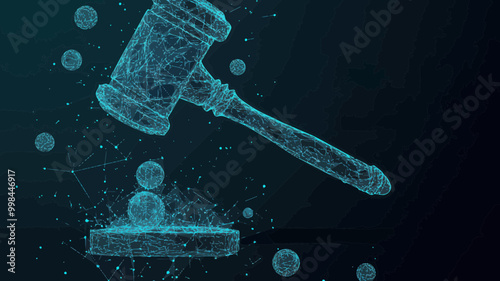 Polygonal Judge Gavel with Flying Debris Vector Mesh Representation - Minimalist Blue Wireframe Justice Concept