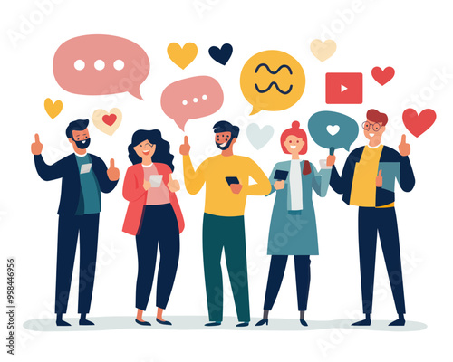 Social Media Team Communication and Community Management with Thumbs Up and Love Icons in Minimalist Vector Style