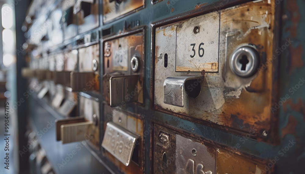 Metal mailboxes with keyholes, numbers and correspondence in post office Metal mailboxes with keyholes, numbers and correspondence in post office