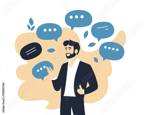 Confident Businessman Speaking with Multiple Speech Bubbles, Illustration of Verbal Communication, Public Speaking, Storytelling, and Discussion Skills in Flat Minimalist Style