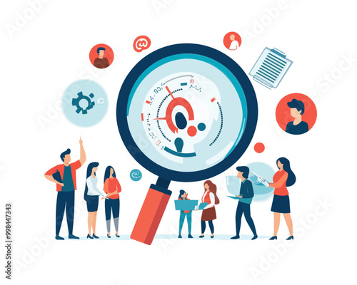 Businessman Analyzing Customer Data Through Magnifying Glass in Flat Minimalist Vector Style for Marketing Research and Target Group Analysis