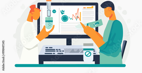 Scientists Conducting Laboratory Tests with Data Analysis on Computer Screen - Flat Vector Illustration for Medical Research and Development