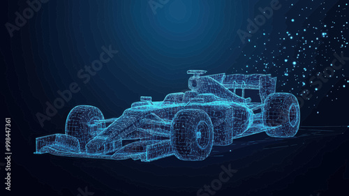 Futuristic Polygonal F1 Car in Motion, Minimalist Vector Illustration of High-Speed Bolide with Mesh Spheres and Thin Lines, Blue Digital Art Concept