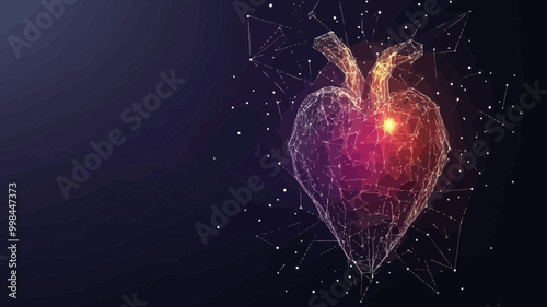 Polygonal 3D Heart with Pain Center - Low Poly Wireframe Human Heart Illustrating Medical Heart Pain Concept on Dark Background