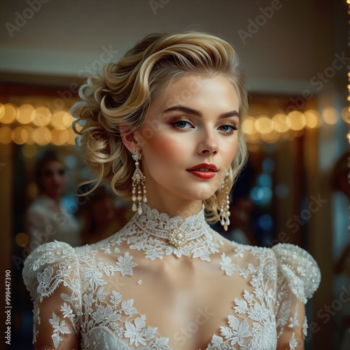 Novia a punto de casarse, en el día de su boda, con vestido elegante. Representa la moda y el glamour. 