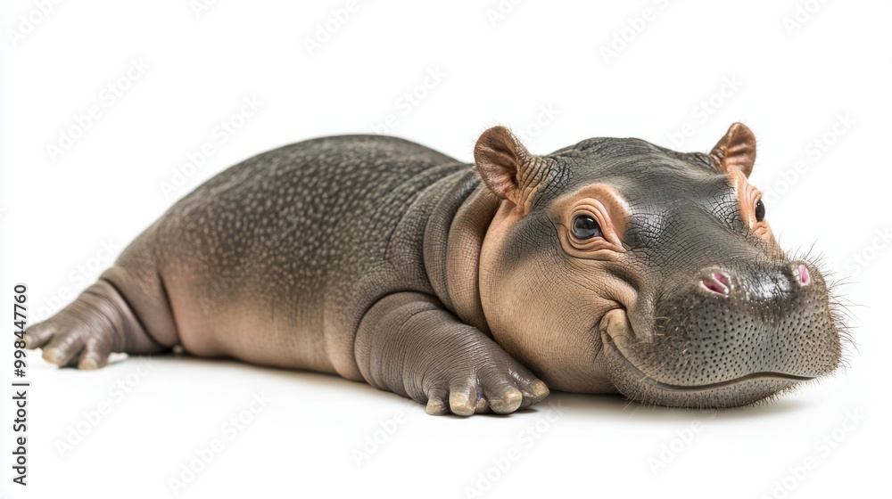 A realistic baby hippo lying on its side with a happy face, isolated on a white background A realistic baby hippo lying on its side with a happy face, isolated on a white background